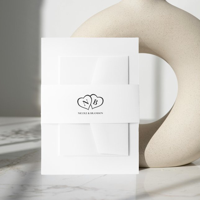 Monogramm-Hochzeit mit weißem und schwarzem Herz Einladungsbanderole (White & Black Heart Monogram Wedding Invitation Belly Band)
