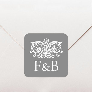 Monogramm Hochzeit Ornament Blumen Dunkelgrau Quadratischer Aufkleber