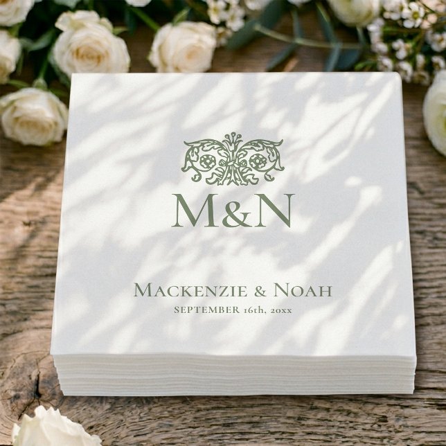 Monogramm Hochzeit Ornament Blumen Grün Papier Serviette (Von Creator hochgeladen)