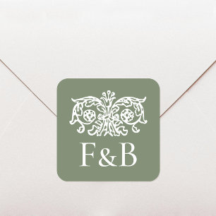Monogramm Hochzeit Ornament Blumen Grün Quadratischer Aufkleber