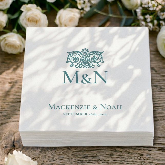 Monogramm Hochzeit Ornament Blumen Türkis Papier Serviette (Von Creator hochgeladen)