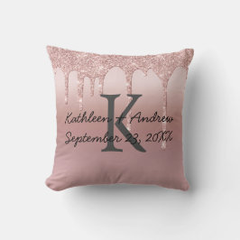 Monogramm Hochzeitdatum Rose Gold Tropfen Glitzer  Kissen