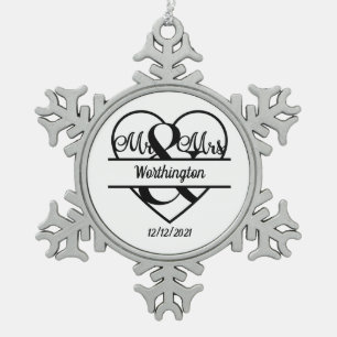 Monogramm-Hochzeitsname-Herz-Feiertag-Weihnachten Schneeflocken Zinn-Ornament