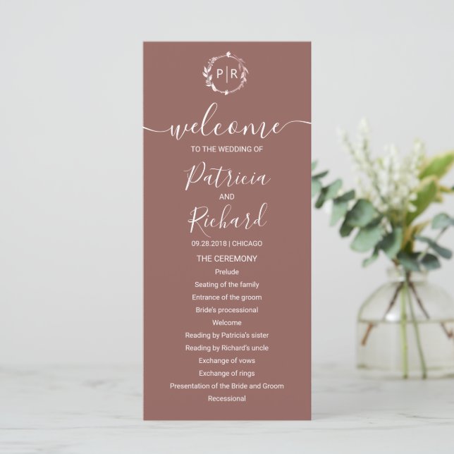 Monogramm Hochzeitsprogramm aus Terrakotta Programm (Stehend Vorderseite)