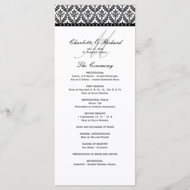 Monogramm-Hochzeitsprogramm für Schwarz-Weiß-Damas Programm (Vorderseite)