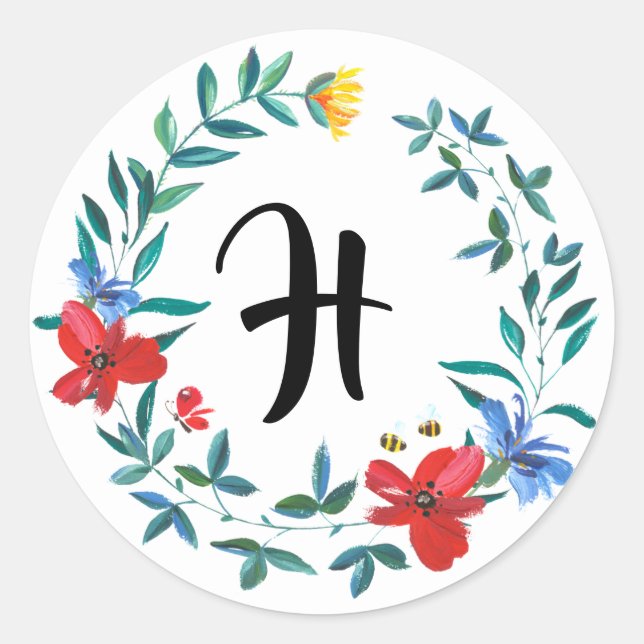 Monogramm-Hochzeitsticker für die Summer Wildblume Runder Aufkleber (Vorderseite)