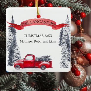 Monogramm, Holiday Vintage Roter LKW, Wald Keramikornament