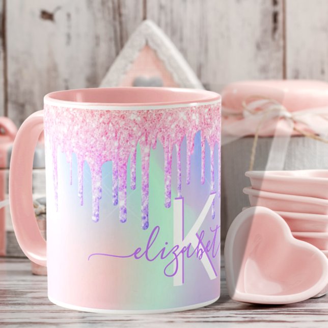 Monogramm holografischer Einhorn-Glitzer-Regenboge Tasse (Von Creator hochgeladen)