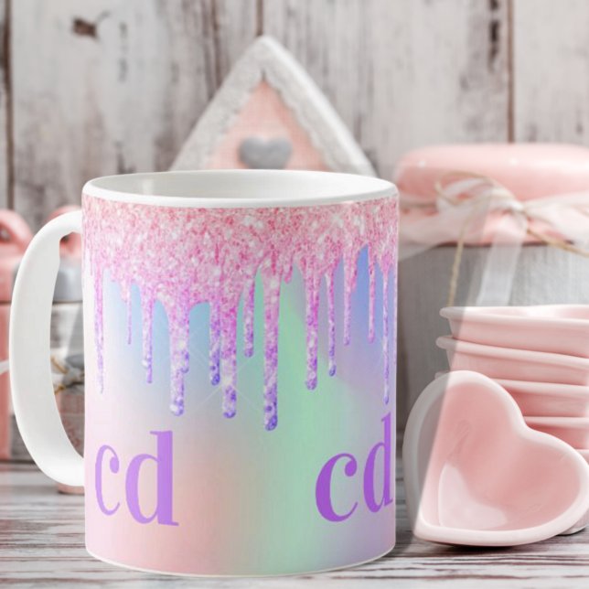 Monogramm holografischer Einhorn-Glitzer Tropfen R Kaffeetasse (Von Creator hochgeladen)