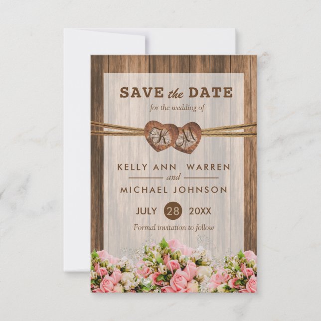 Monogramm Holzherzen mit rosa und weißen Rosen Save The Date (Vorderseite)