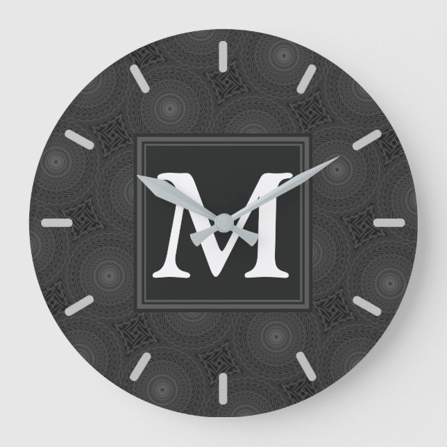Monogramm-Holzkohlekreismuster Große Wanduhr (Vorderseite)