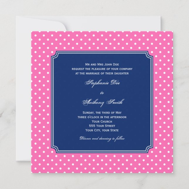 Monogramm Hot Pink, weißer Polka Dot mit Royal Blu Einladung (Vorderseite)