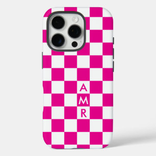 Monogramm Hot Pink White Checked Muster iPhone 16 Pro Hülle