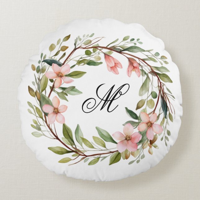 Monogramm Hübsche Twig-Wildblume Rundes Kissen (Vorderseite)
