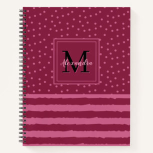 Monogramm hübscher Burgundy-Streifen und -Punkte Notizbuch