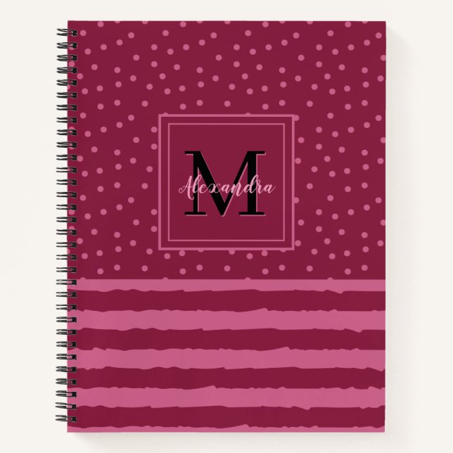Monogramm hübscher Burgundy-Streifen und -Punkte Notizbuch (Vorderseite)
