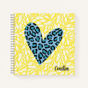 Monogramm hübscher Leopard Herz Blau Gelb süß Notizbuch