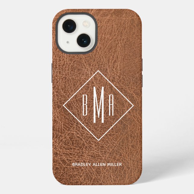Monogramm Imitate Braunleder iPhone Hülle (Rückseite)
