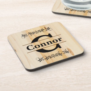 Monogramm Imitate Butcher Block Natural Wood Look Untersetzer