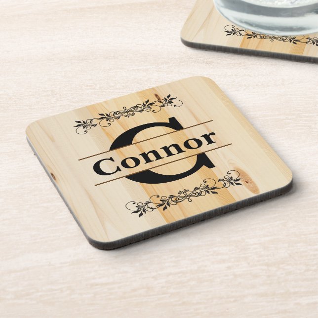 Monogramm Imitate Butcher Block Natural Wood Look Untersetzer (Linke Seite)