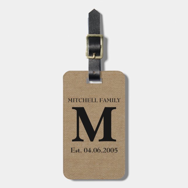 Monogramm-Imitatleinenleinwand rustikaler Gepäckanhänger (Vorderseite vertikal)