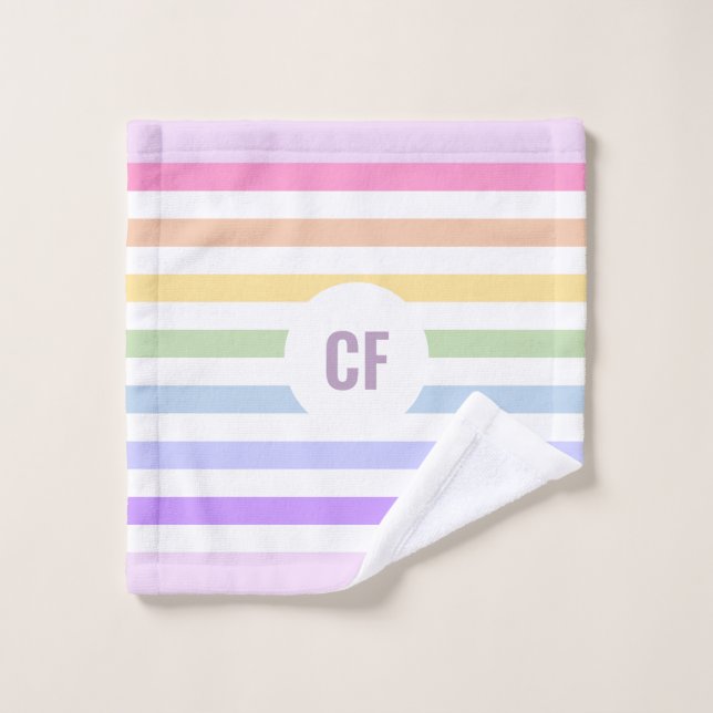 Monogramm in der weiß-Circle-Pastel-Rainbow-Streif Badhandtuch Set (Waschlappen)