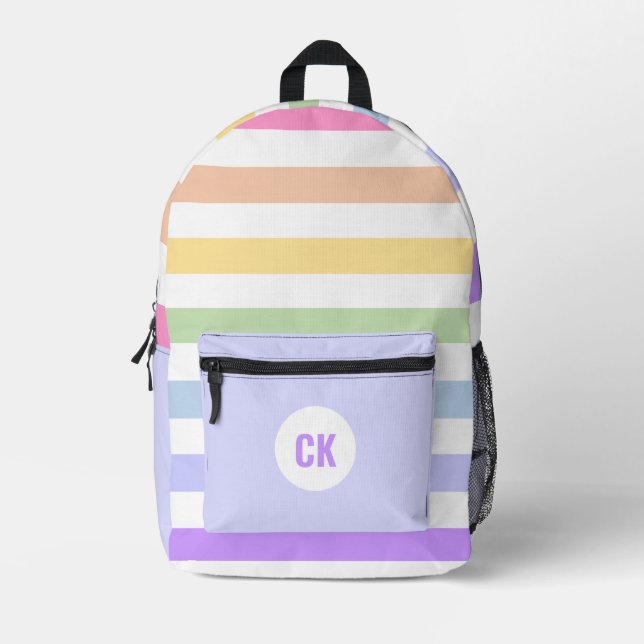 Monogramm in der weiß-Circle-Pastel-Rainbow-Streif Bedruckter Rucksack (Vorderseite)