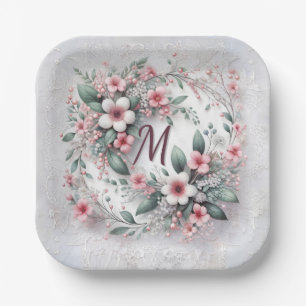 Monogramm in elegantem Hochzeitskranz Pappteller