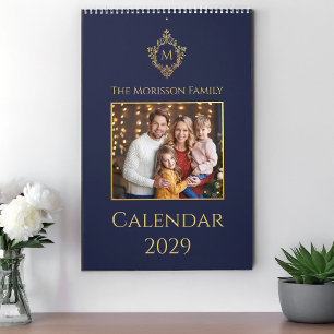 Monogramm in Krest Navy & Gold Elegantes Familienf Kalender
