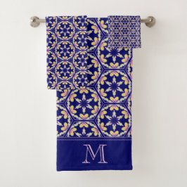 Monogramm-Indigo-Blau-spanische Mittelmeerfliese Badhandtuch Set