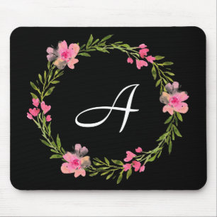 Monogramm Initial Black Floral Mousepad