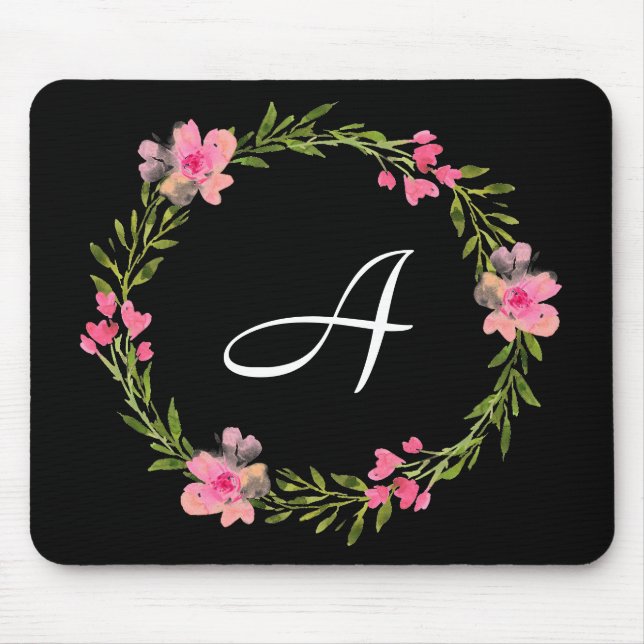 Monogramm Initial Black Floral Mousepad (Vorne)