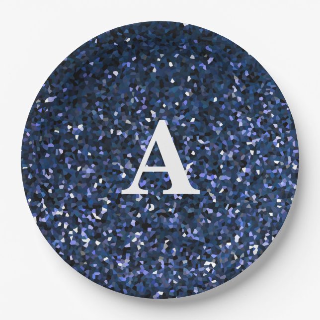 Monogramm Initial Blue Glitzer White Individuelle  Pappteller (Vorderseite)