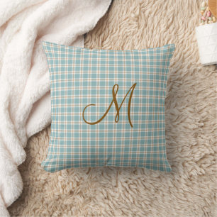 Monogramm Initial Brown Light Blue und Tan Kariert Kissen