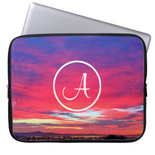 Monogramm Initial Hot Pink Blue Sunset Foto Einfac Laptopschutzhülle