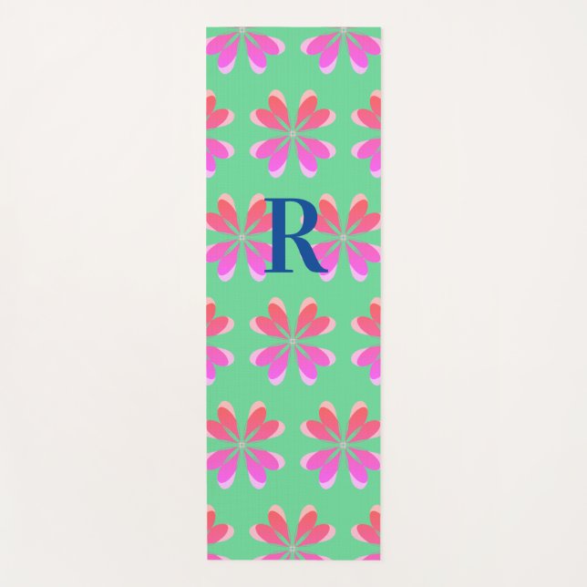Monogramm Initial Lime Green Pink Retro Floral Yogamatte (Vorderseite)