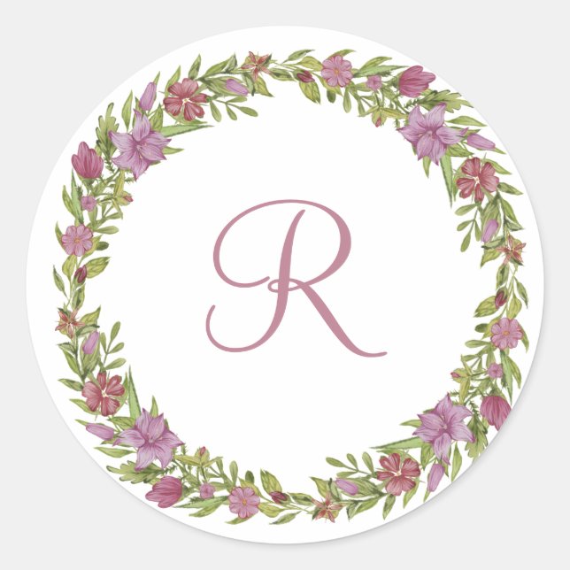 Monogramm Initial Pink Lila Green Floral Kranz Runder Aufkleber (Vorderseite)