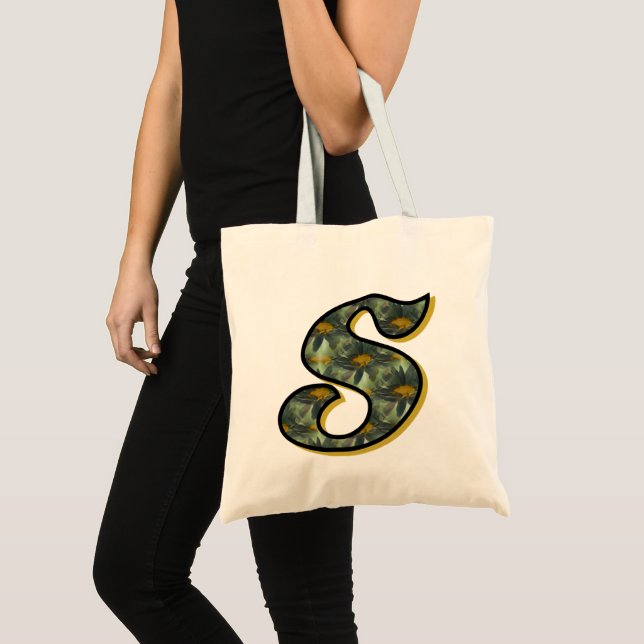 Monogramm Initial S Black Daisies Tote Bag Tragetasche (Vorderseite (Produkt))