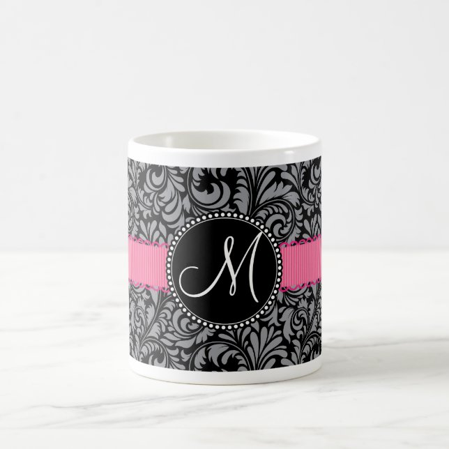 Monogramm Initial Schwarz Grau Damast Blumenmuster Kaffeetasse (Mittel)