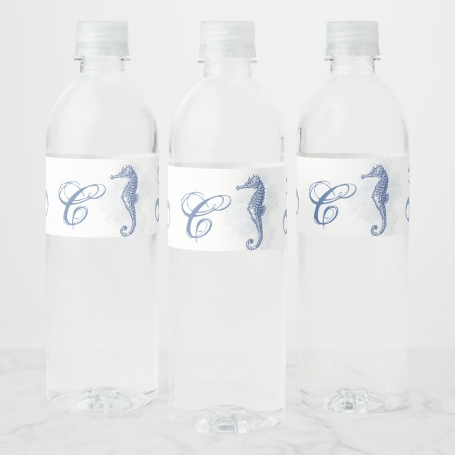 Monogramm Initial Water Bottle Label Seepferd Sea Wasserflaschenetikett (Flaschen)