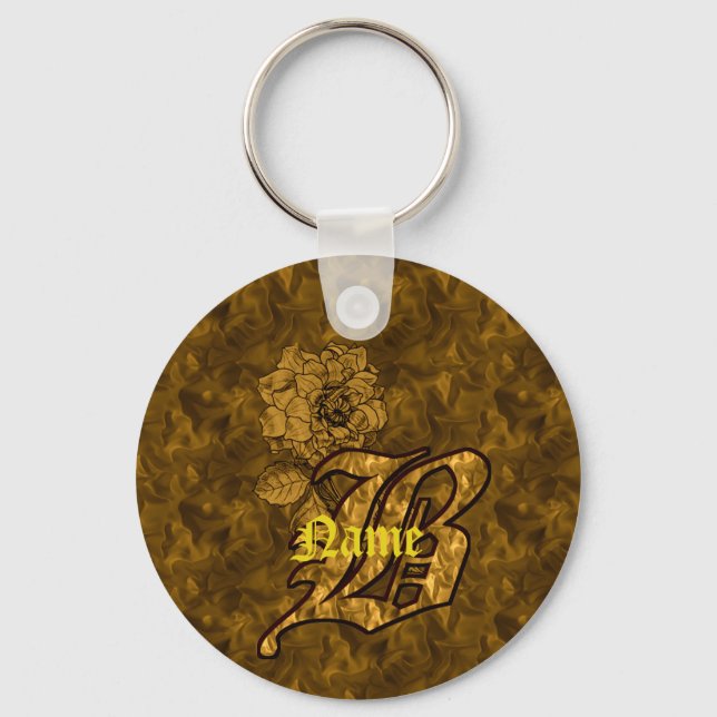 Monogramm Initiale B Gold-Pfingstrose Personalisie Schlüsselanhänger (Vorderseite)