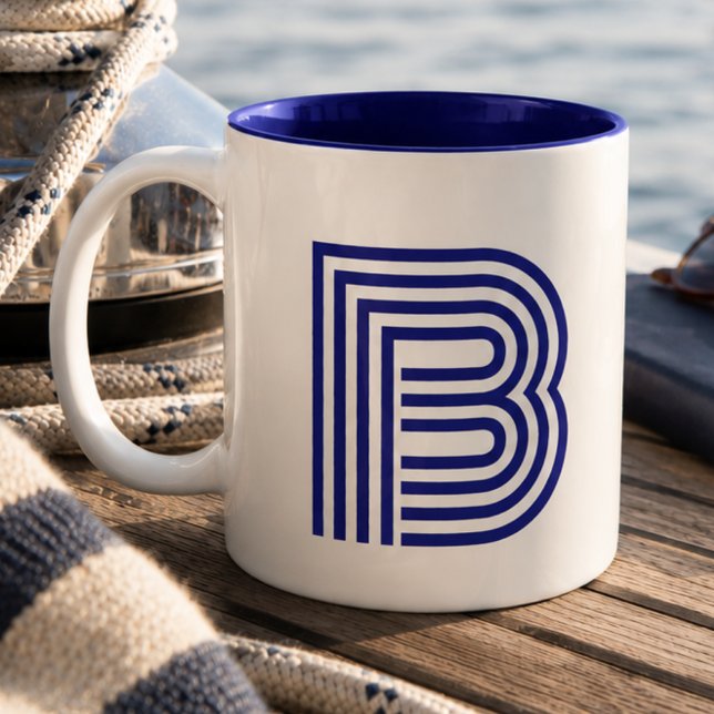 Monogramm Initiale Blau Modern Einfach Zweifarbige Tasse (Von Creator hochgeladen)
