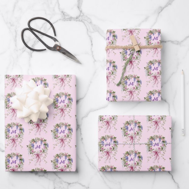 Monogramm Initiale Blumenmuster Geschenkpapier Set (Vorderseite)