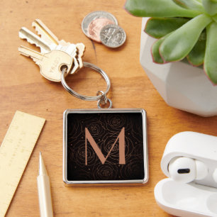 Monogramm Initiale Dunkle Blumenrose Golden Orange Schlüsselanhänger