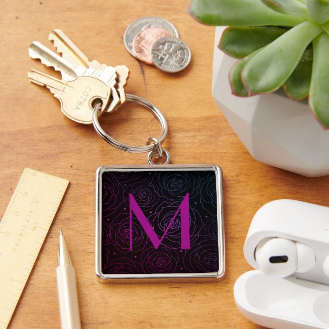 Monogramm Initiale Dunkles Blumen-Rosen-Magenta-Li Schlüsselanhänger (Schreibtisch)
