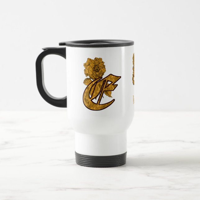 Monogramm Initiale E Elegantes Gold Pfingstrose Pe Reisebecher (Links)