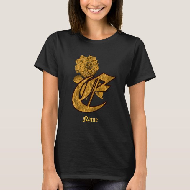 Monogramm Initiale E Gold-Pfingstrose Blumen Perso T-Shirt (Vorderseite)