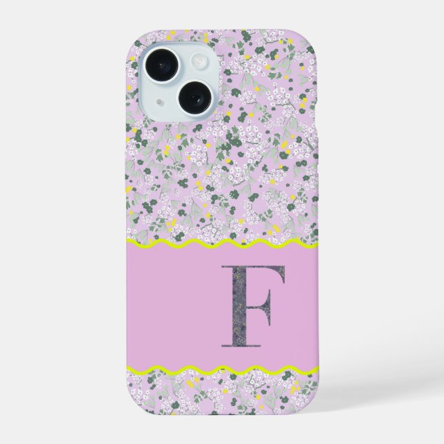MONOGRAMM INITIALE F LILA KLEINE BLUMEN iPhone 15 HÜLLE (Rückseite)
