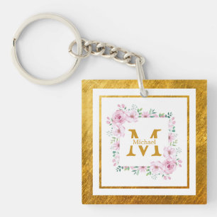 Monogramm Initiale "M" Floral - Rosa Rosen & Gold Schlüsselanhänger