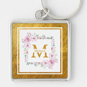 Monogramm Initiale "M" Floral - Rosa Rosen & Gold Schlüsselanhänger